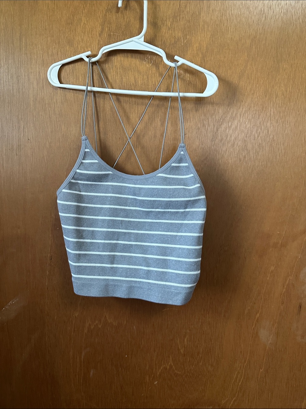No Boundaries Gray & White Striped Cropped Cami with Crisscross Straps